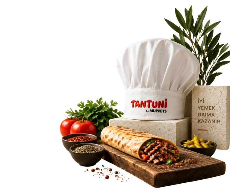 Tantuni by Muppets: aşçı şapkası, tantuni dürüm, taze domates, maydanoz ve baharatlar